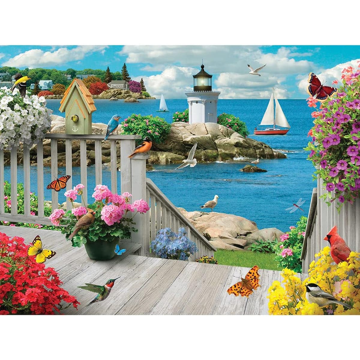 Bits and Pieces - 300 Piece Jigsaw Puzzle for Adults 18" x 24" - Seaside Tranquility - 300 Piece Sea Boat Bird Summer Light House Flower Jigsaw Puzzle Artist Alan Gianna