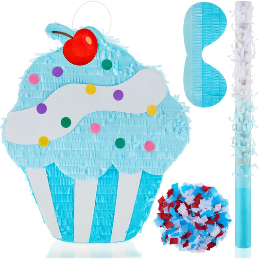 15.7 Inch Cupcake Pinata Birthday Party Supplies with Stick Blindfold and Confetti for Kids Girls Baby Shower Candy Donut Ice Cream Pinata Party Supplies Hawaii Party Decoration Props (Adorable)