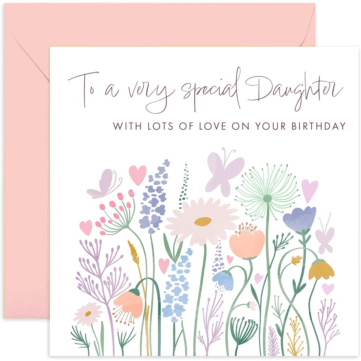 Old English Co. To A Very Special Daughter Birthday Card - Flower Butterfly Heart Meadow Happy Birthday Card from Parents Mom Dad | Cute Sweet Pastel Design | Blank Inside & Envelope Included
