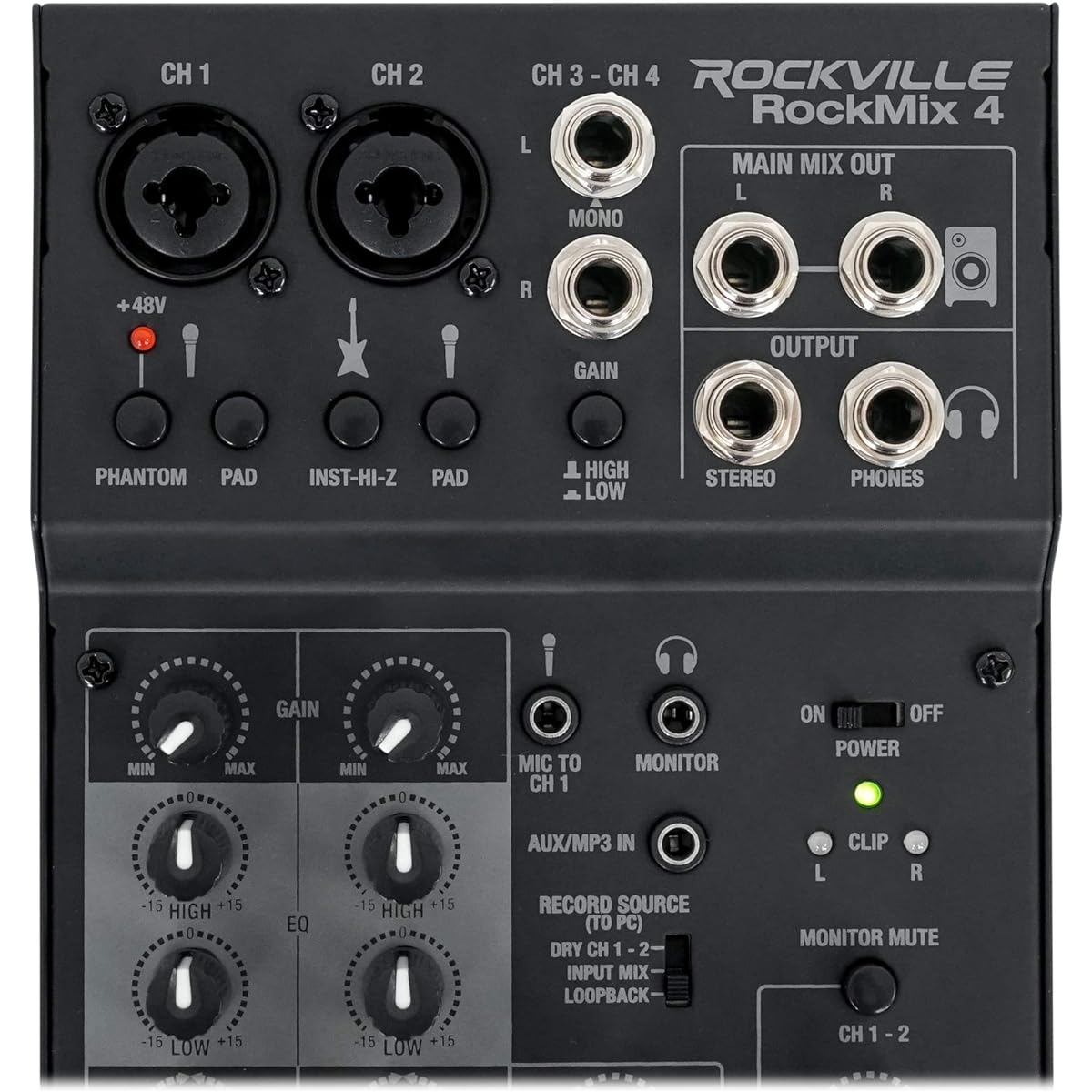 Rockville RockMix 4 USB Computer Recording Interface/EQ 4 Channel Pro Mixer