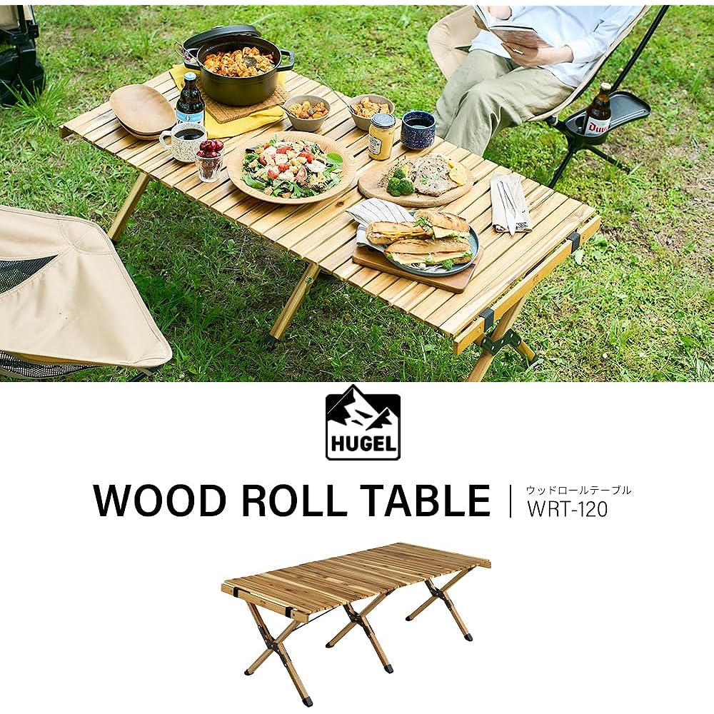 Iris Ohyama Wood Roll Table Width approx. 121 x Depth approx. 60 x Height approx. 44 Acacia natural wood Storage bag included Easy assembly Outdoor Camping