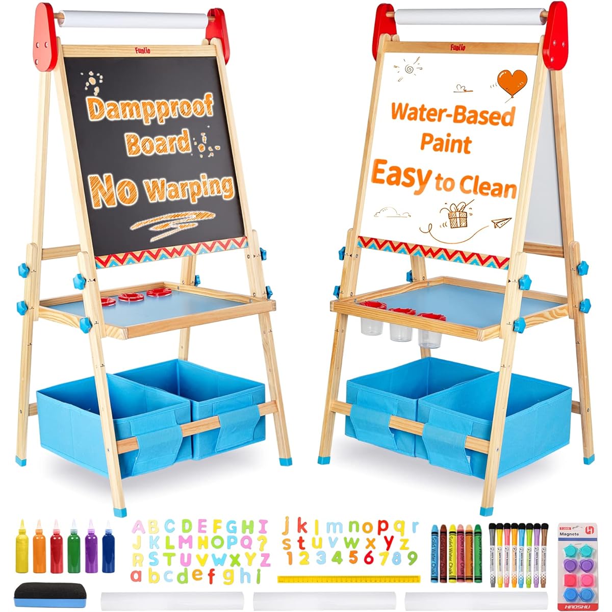 FUNLIO Art Easel for Kids 2-8 Years Anti-Warp Board & Erasable Frame Toddler Painting Easel with Magnetic Chalkboard/Whiteboard 3 Adjustable Height All-in-One Standing Easel with Paper Roll