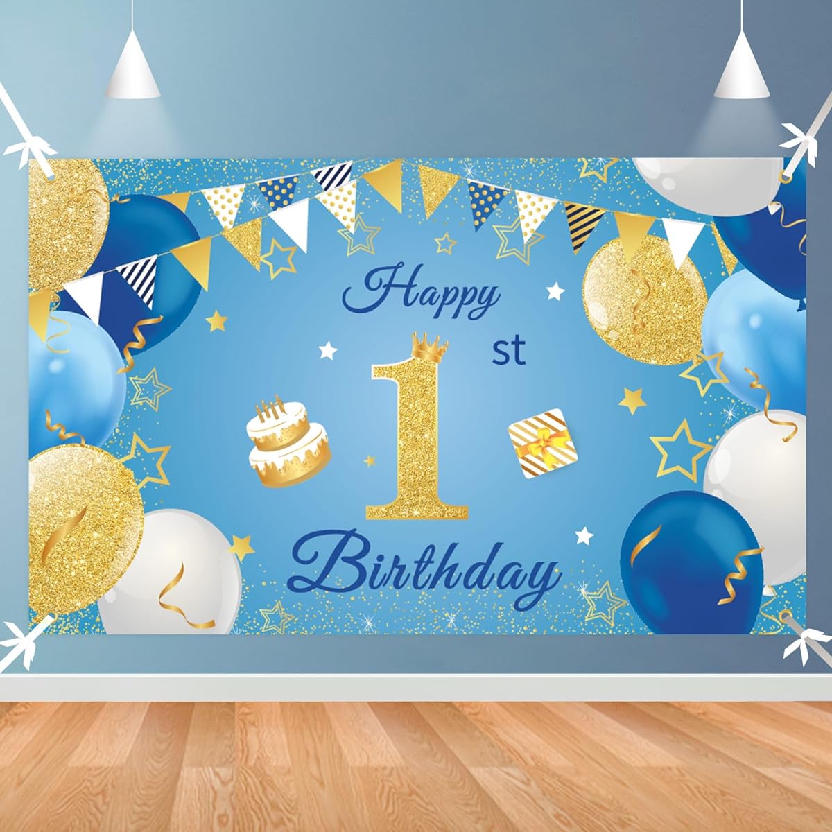 Blue 1st Happy Birthday Decorations for Boys, Light Blue and Gold First Birthday Banner Newborn Toddler Baby Shower Party Backdrop Mr Onederful Birthday Photo Props Decorations 71 x 43.3 Inch