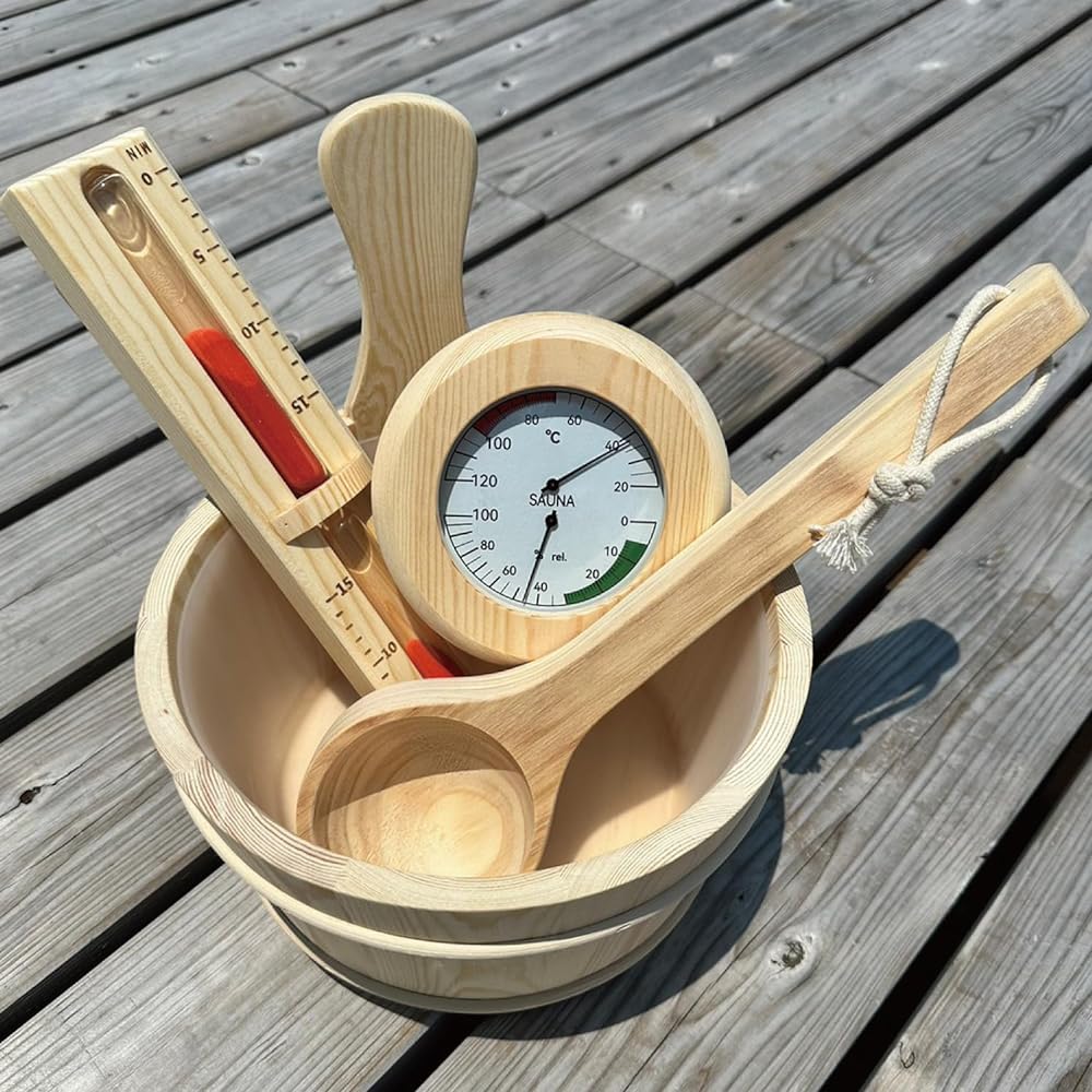 [MagCruise] Toto Set Tent Sauna Accessories Set Sauna Goods Natural Wooden Pail Ladle Thermometer Debut Set Roryusa Katsu Sauna Room Hot Spring Camping Sauna Hat Sauna Stone