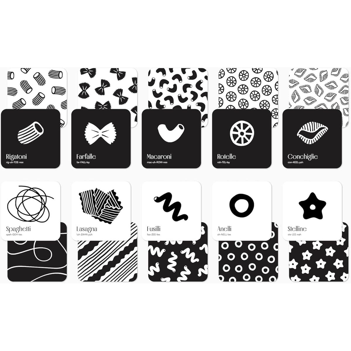 BlueMilk Pasta Baby High Contrast Cards Sensory Toys Learning Activities Large Black and White Flash Cards Newborn Tummy Time Play 0 Months+ Infant Essentials Curious Baby Activity Cards Gift Set