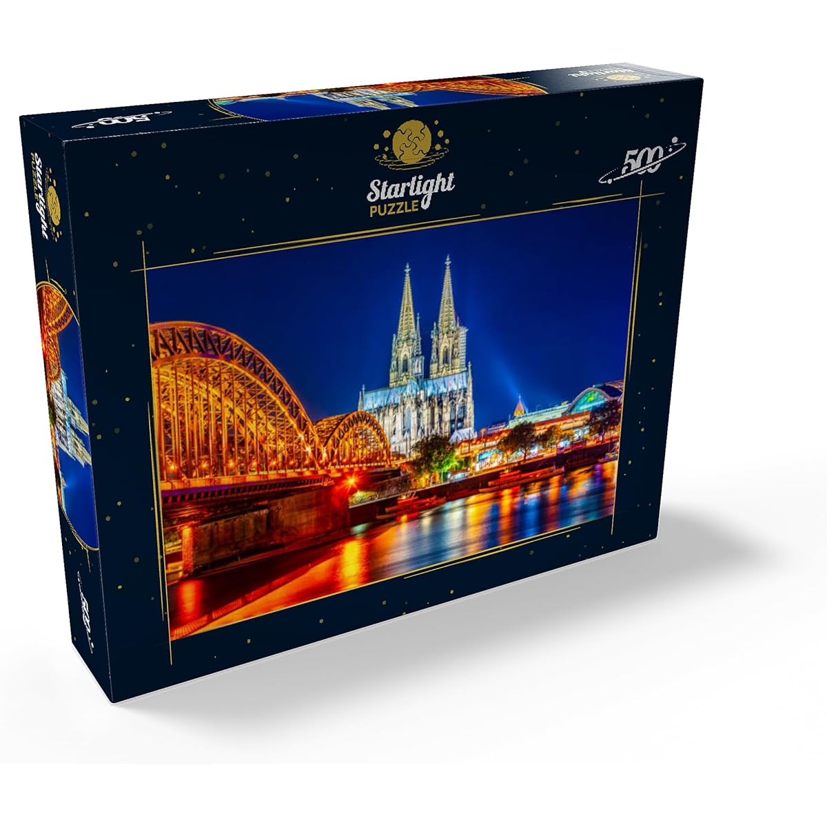 MyPuzzle Cologne Cathedral and Hohenzollern Bridge over the Rhine in Germany at Night - Premium 500 Piece Jigsaw Puzzle for Adults
