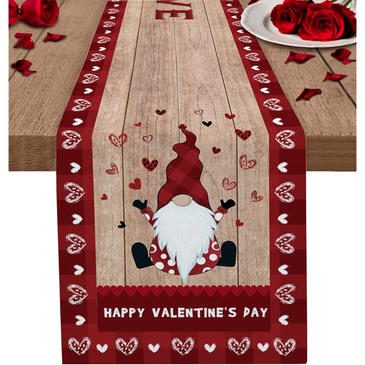 Valentine's Day Burlap Cotton Table Runner 90" Long, Gnomes Love Heart Red Farmhouse Table Runner Outdoor Dining Rustic Wood Table Runner Holiday Spring Tablecloth for Party/Wedding Decorations