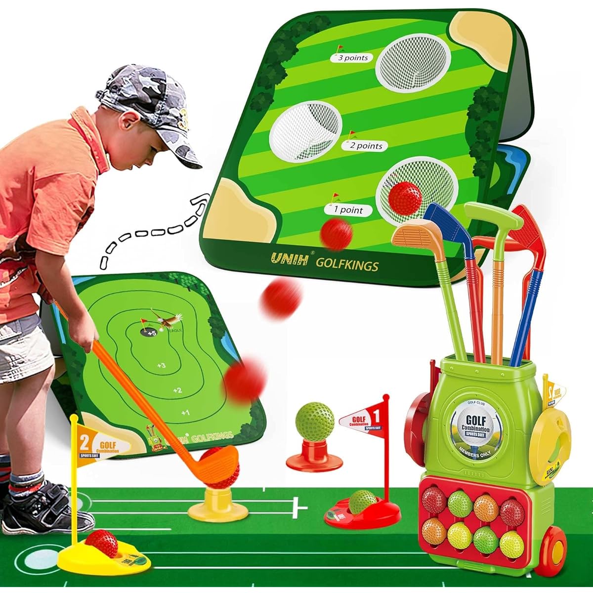 UNIH Toddler Golf Set, Kids Golf Set with 8 Balls/Cornhole Board & Putting Mat/Golf Cart with Wheels Indoor Outdoor Sports Toy Gift for 3 4 5 Year Old Boys Girls