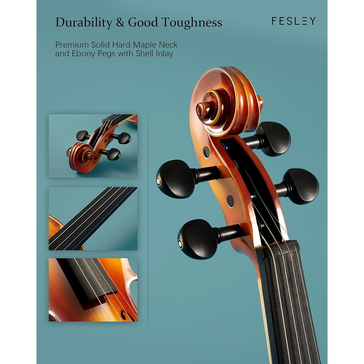 Fesley 4/4 Full Size Violin Set 4/4 Violin for Beginners and Adults with Hard Case, Solid Wood Fiddle with Bow, Rosin Shoulder Rest, Tuner, Extra Violen Strings, Cleaning Cloth, Finger Guide
