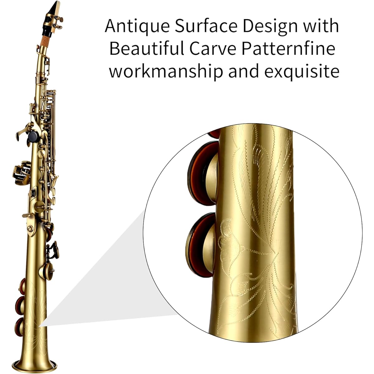 Btuty Professional Brass Straight Bb Soprano Saxophone Nickel Plated Saxophone Woodwind Instrument Engraved Pattern Mouthpiece Reed Cleaning Kit with Carrying Case Gloves Strap Brush
