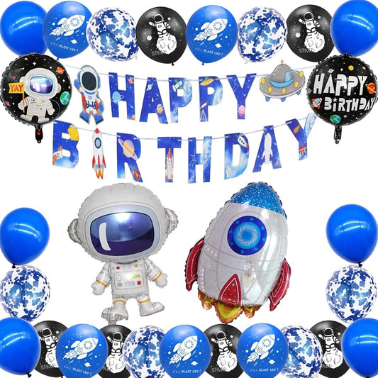 Astronaut Themed Party Balloons Decoration Supplies Birthday party supplies include astronaut rocket aluminum film balloons, birthday banner, blue black latex confetti balloons