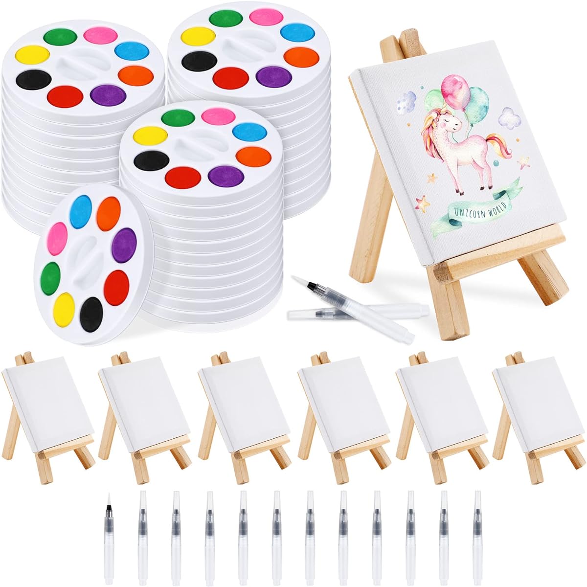 Watercolor Paint Set, 8 Colors Watercolor Paints, 3 x 3 Inch Painting Canvas Panels, Mini Wooden Easel Set, Stretched Canvas Display, Easel, Paint Brush Kit for Kids (24 Sets)