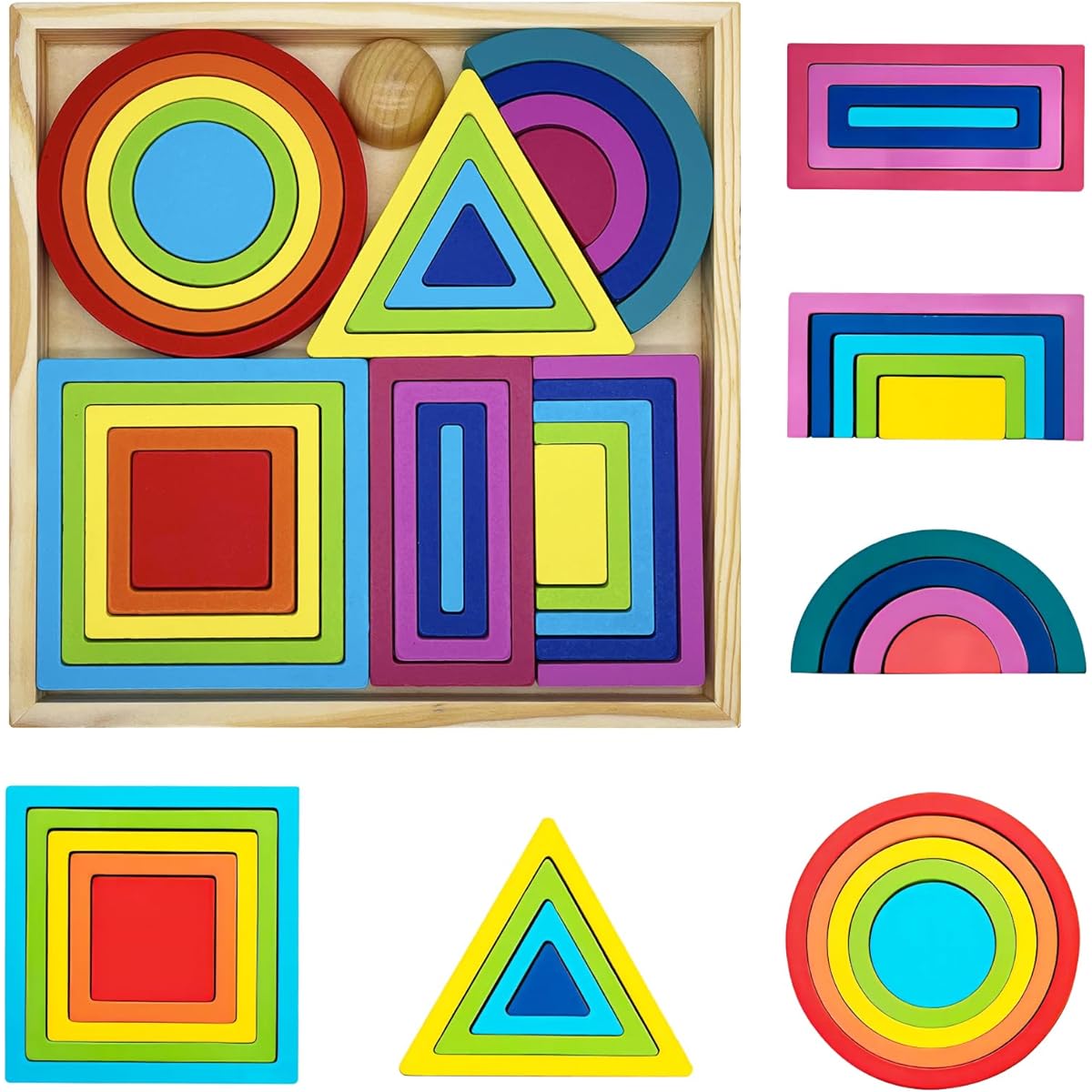 KanCai Wooden Rainbow Stacking Toy Stacking Rainbow Stacker Nesting Blocks Puzzle Creative Shape Building Blocks Toys for Children Baby Toddler