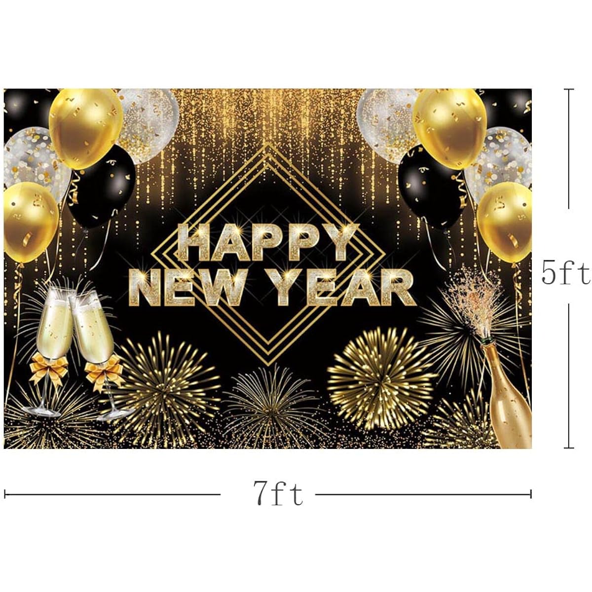 AIBIIN 7x5ft Happy New Year Backdrop Hello 2024 Black Gold Photography Background Cheers to New Year's Eve Party Decoration Gold Dots Fireworks Champagne Balloons Party Cake Smash Photo Studio Props