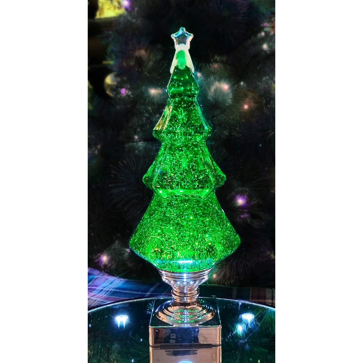 Moments in Time Christmas Tabletop Decor Snow Globe with Spinning Water LED Lights Green Christmas Tree Battery Operated 14" H x 5" W x 5" D