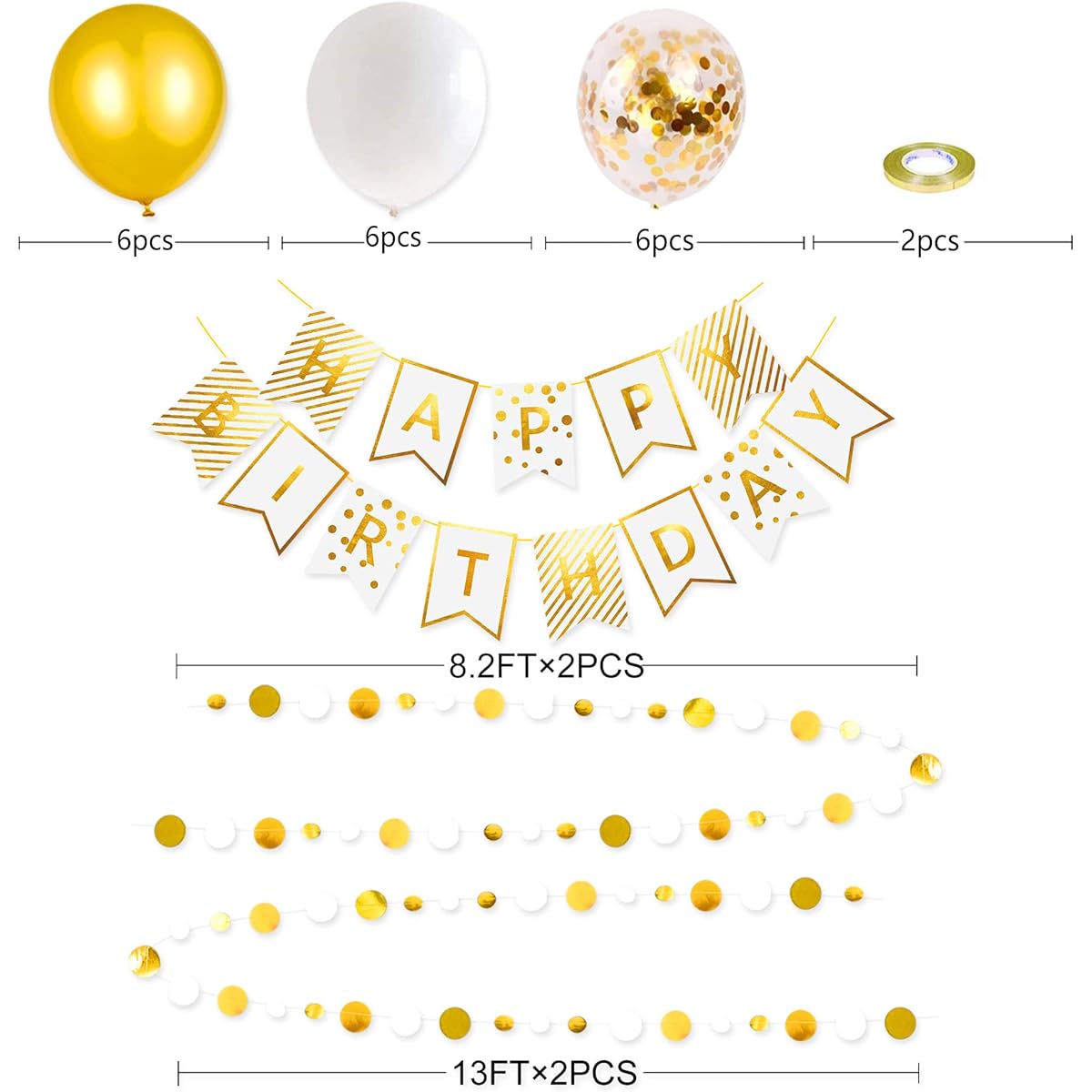 Gold and White Happy Birthday Sign Pennant Bunting Banner Golden Birthday Party Decorations Kit with Paper Circle Dot Garland Streamers and Balloons for Adults/Kids/Birthday Party Decorations Supplies