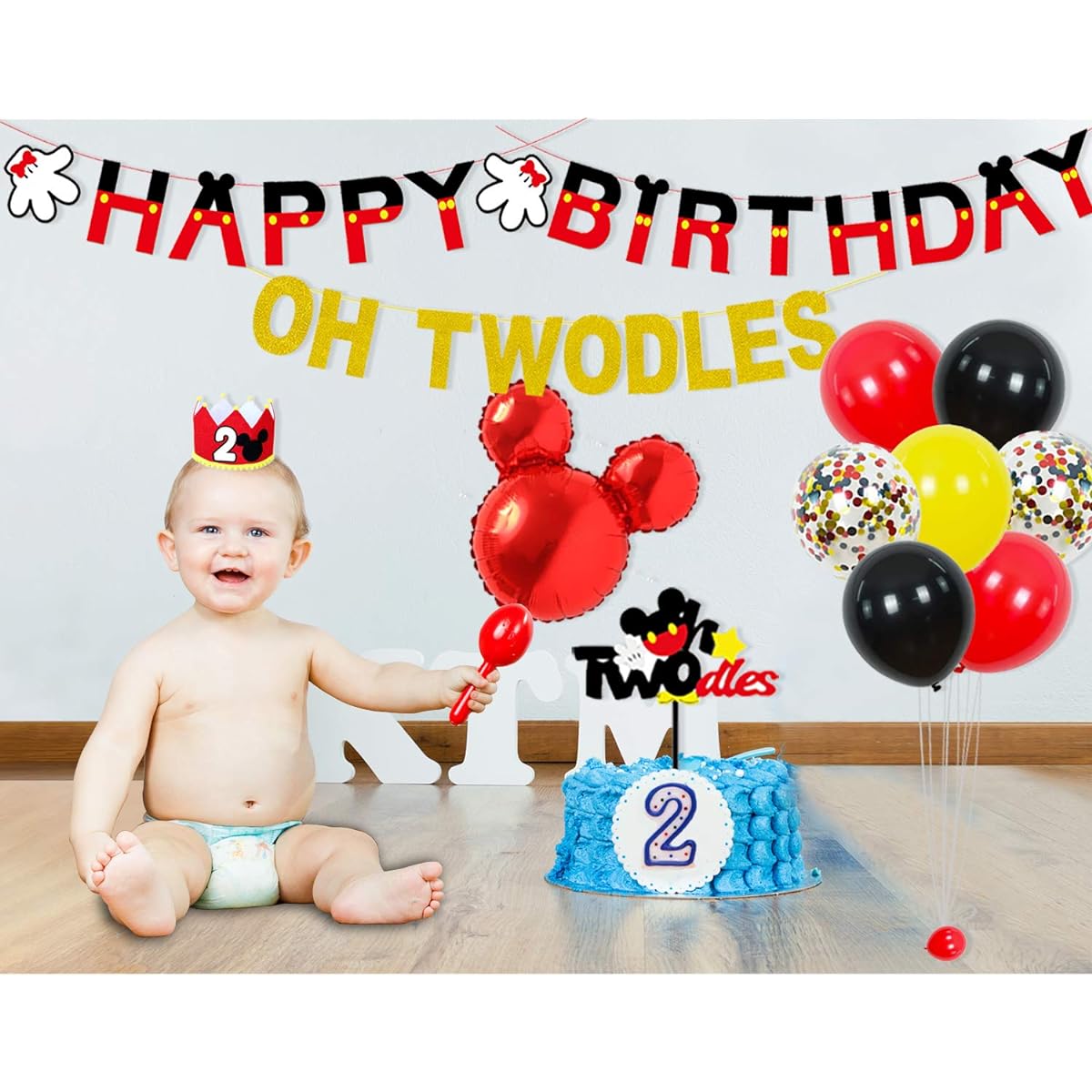 57pcs 2nd Mouse Birthday Party Supplies Decorations - Happy Birthday Banner, OH TWODLES Banner, '2' Foil Balloons, Hats, Door Sign, Cupcake Toppers, Birthday Decorations for Boys, Girls, Kids, Babies