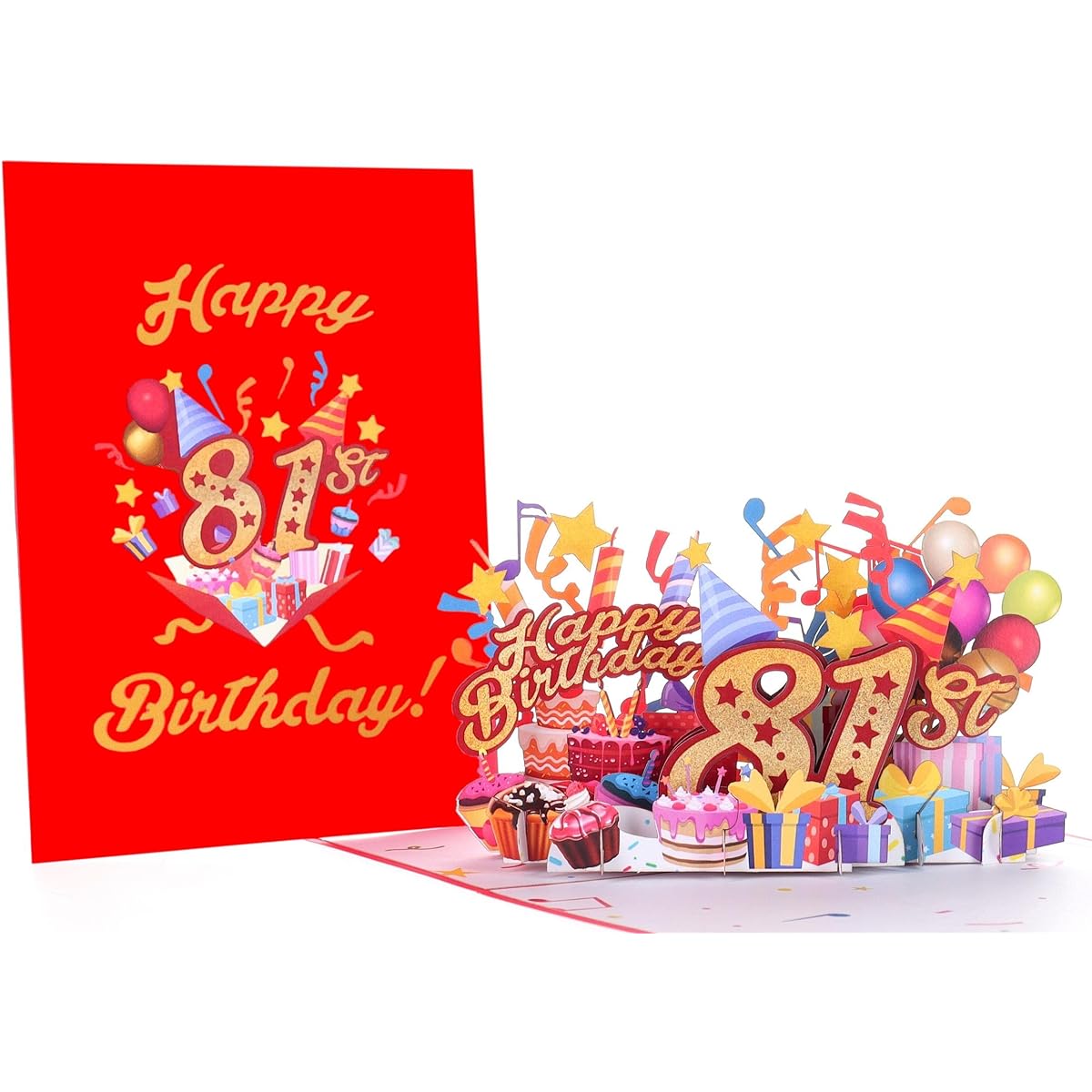 iGifts And Cards Happy 81st Red Birthday 3D Pop Up Greeting Card - Amazing 81st Birthday Card for Women Men Happy Eighty-One Birthday Gift for Mom Dad Best Wife Husband Unique Present 5" x 7"