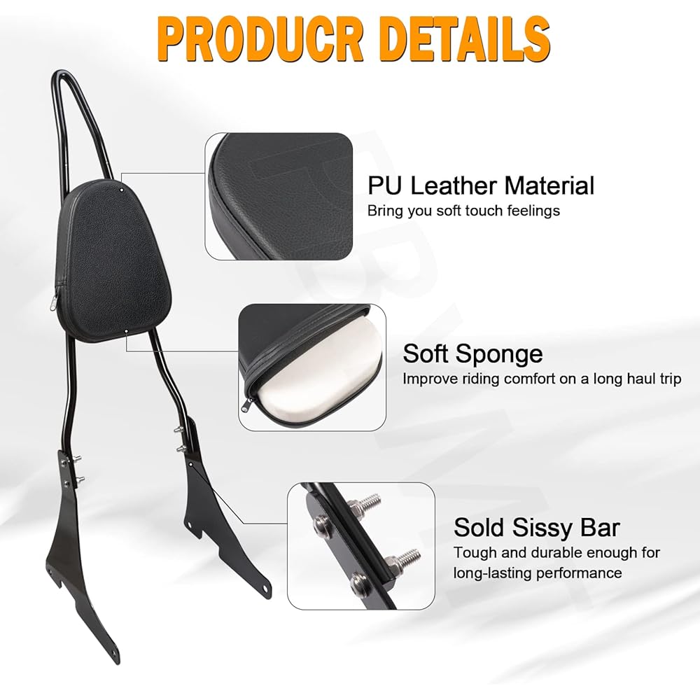 PBYMT Black Removable Passenger Seat Sissy Bar Back Pad Compatible with Harley-Davidson Sportster XL1200 XL883 2004-2024
