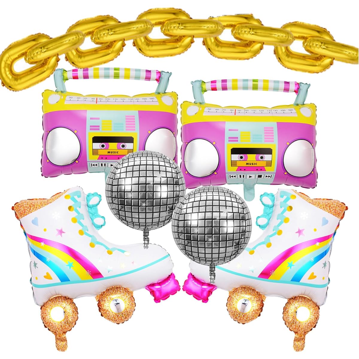 18pcs Roller Skate Balloon Boombox 80's 90's 22 Inch Disco Foil Balloon Gold Chain Balloon Rainbow Retro Party Balloon Party Decoration Wedding Anniversary Hip Hop Theme Party Supplies
