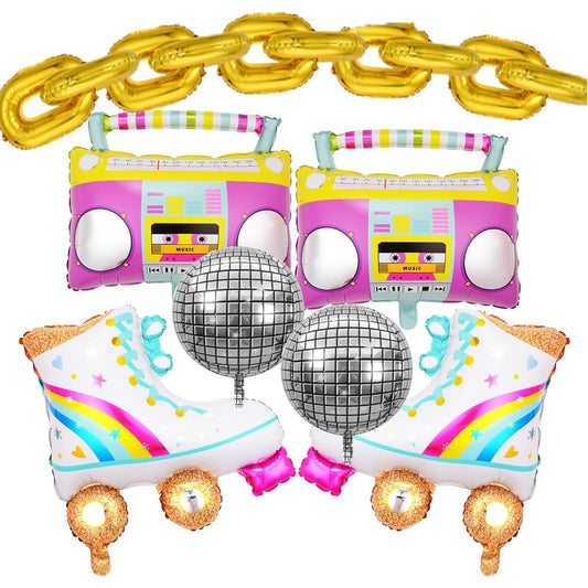 18pcs Roller Skate Balloon Boombox 80's 90's 22 Inch Disco Foil Balloon Gold Chain Balloon Rainbow Retro Party Balloon Party Decoration Wedding Anniversary Hip Hop Theme Party Supplies