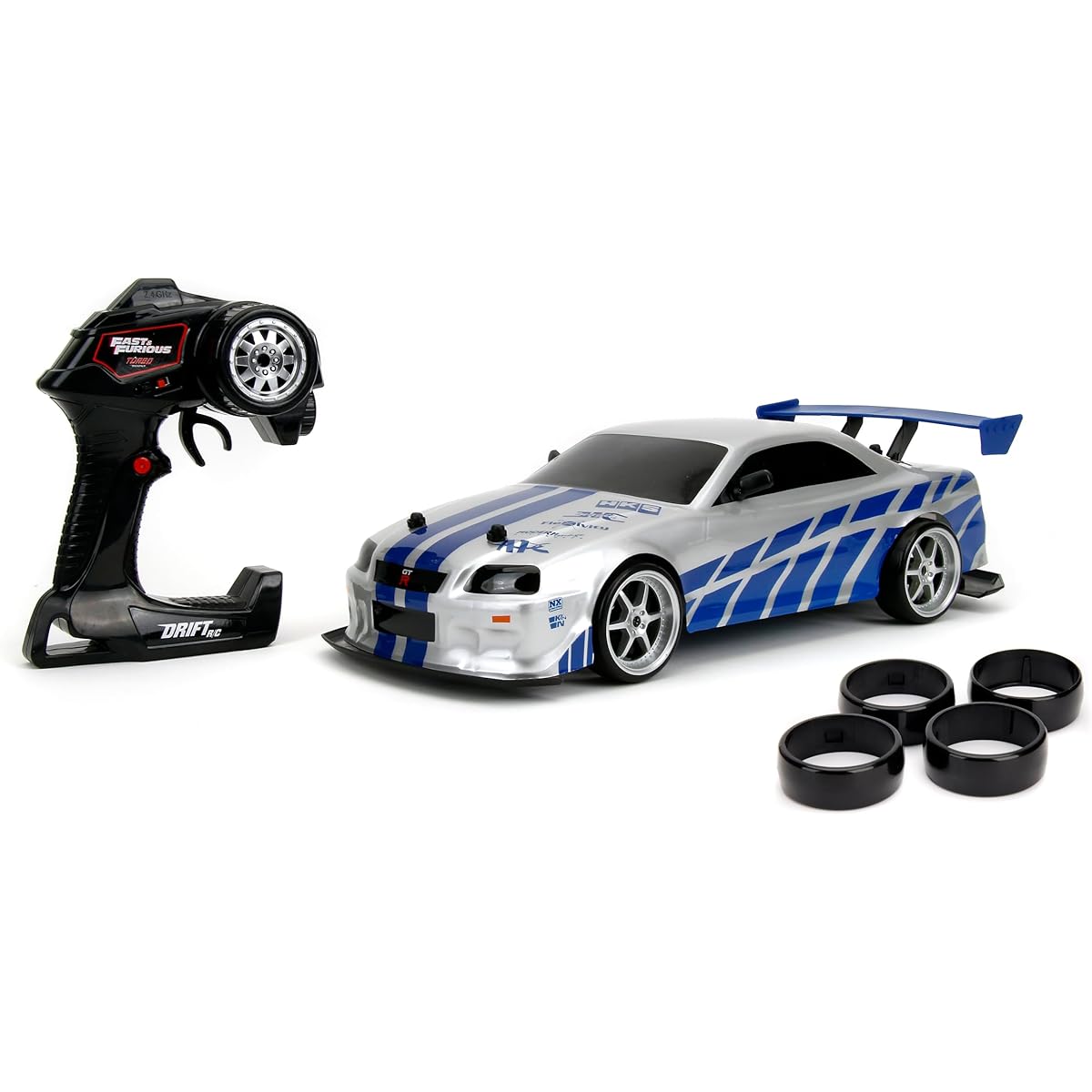 Jada 99701 Toys Fast & Furious Brian's Nissan Skyline GT-R (BN34) Drift Power Slide RC Radio Remote Control Toy Race Car with Extra Tires, 1:10 Scale, Silver/Blue 141［並行輸入］