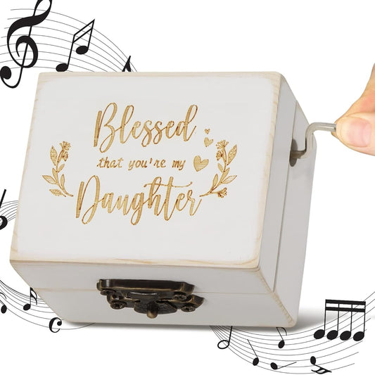 ART-GIFTREE Rustic Music Box Mother's Gift for Daughter Laser Engraved "Blessed That You are My Daughter" Hand-Crank Music Box Christmas Valentine's Day You are My Sunshine Music Box