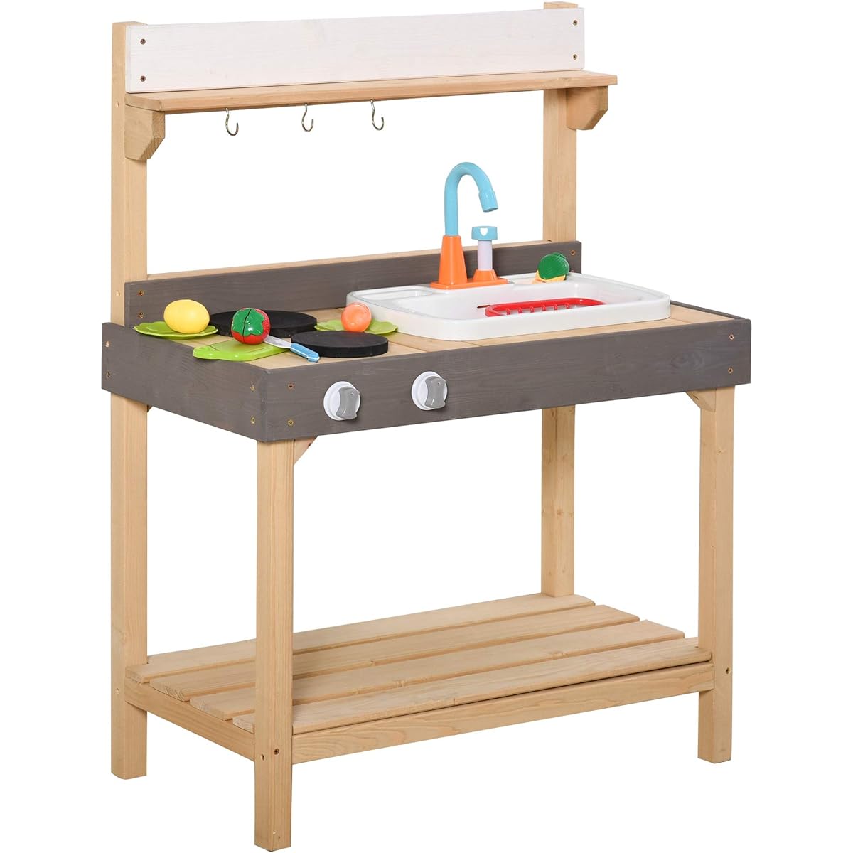 Outsunny Kids Kitchen Playset Game with Sink, Running Water, Vegetables and Dishes, Ages 3-7