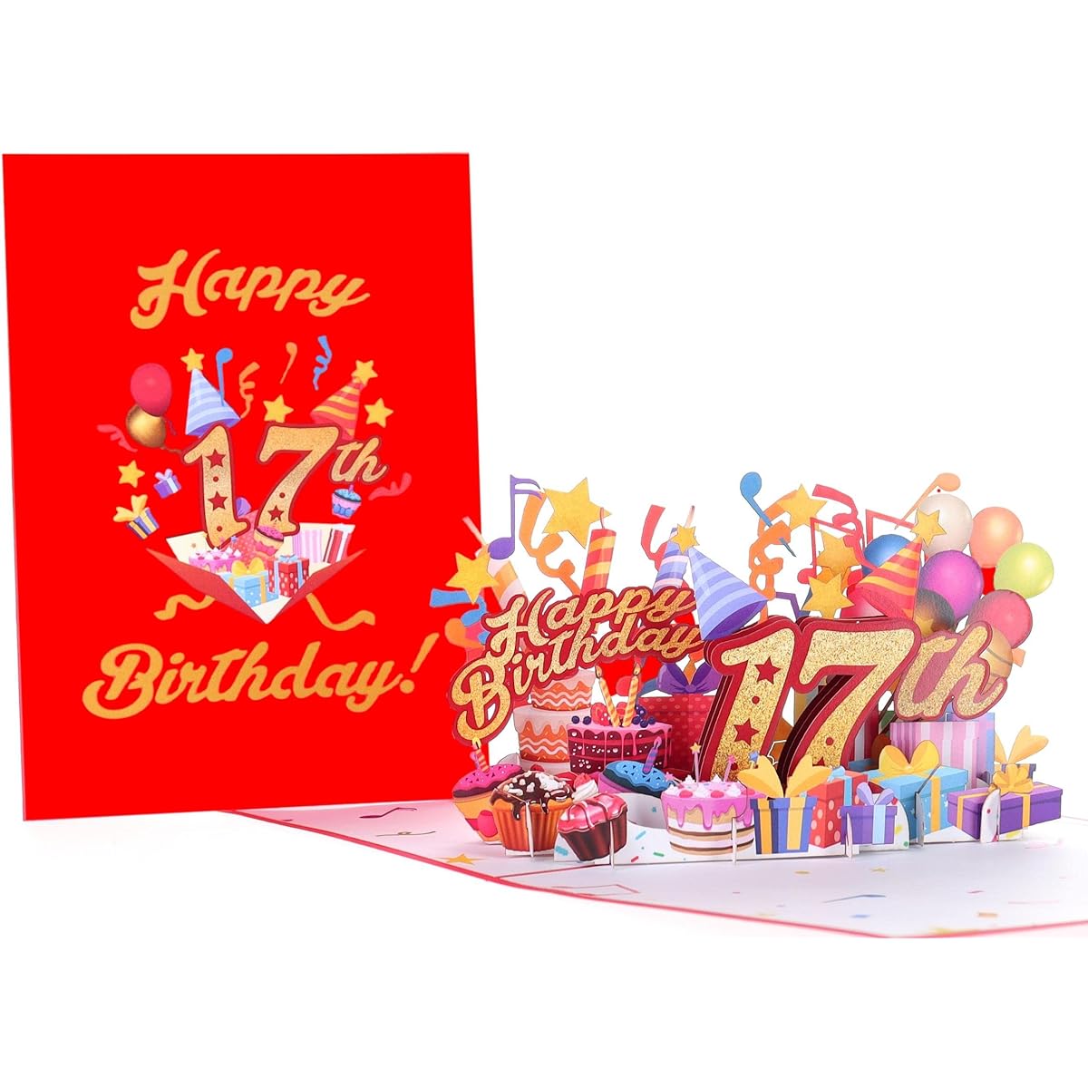 iGifts And Cards Happy 17th Red Birthday 3D Pop Up Greeting Card - Amazing 17th Birthday Card, Birthday Gift for Son, Daughter, Seventh Generation, Granddaughter, Grandson, Unique Special Fun Present, 5" x 7"