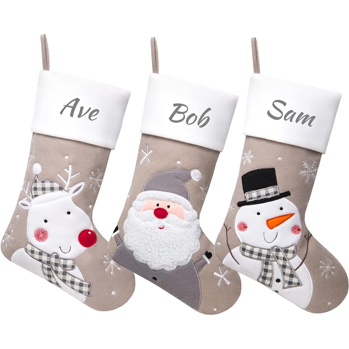 MisUMis 3 Piece Christmas Stocking Set for Family Decoration, Christmas Customized Stockings with Embroidered Name (Reindeer+Santa Claus+Snowman)