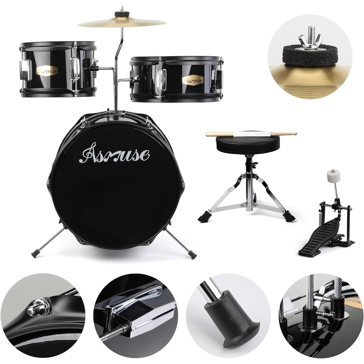 Asmuse Kids Drum Set 3 Piece Drum Set Bass/Tum Snare/Cymbal Perfect Gift for Boys/Girls (Black)