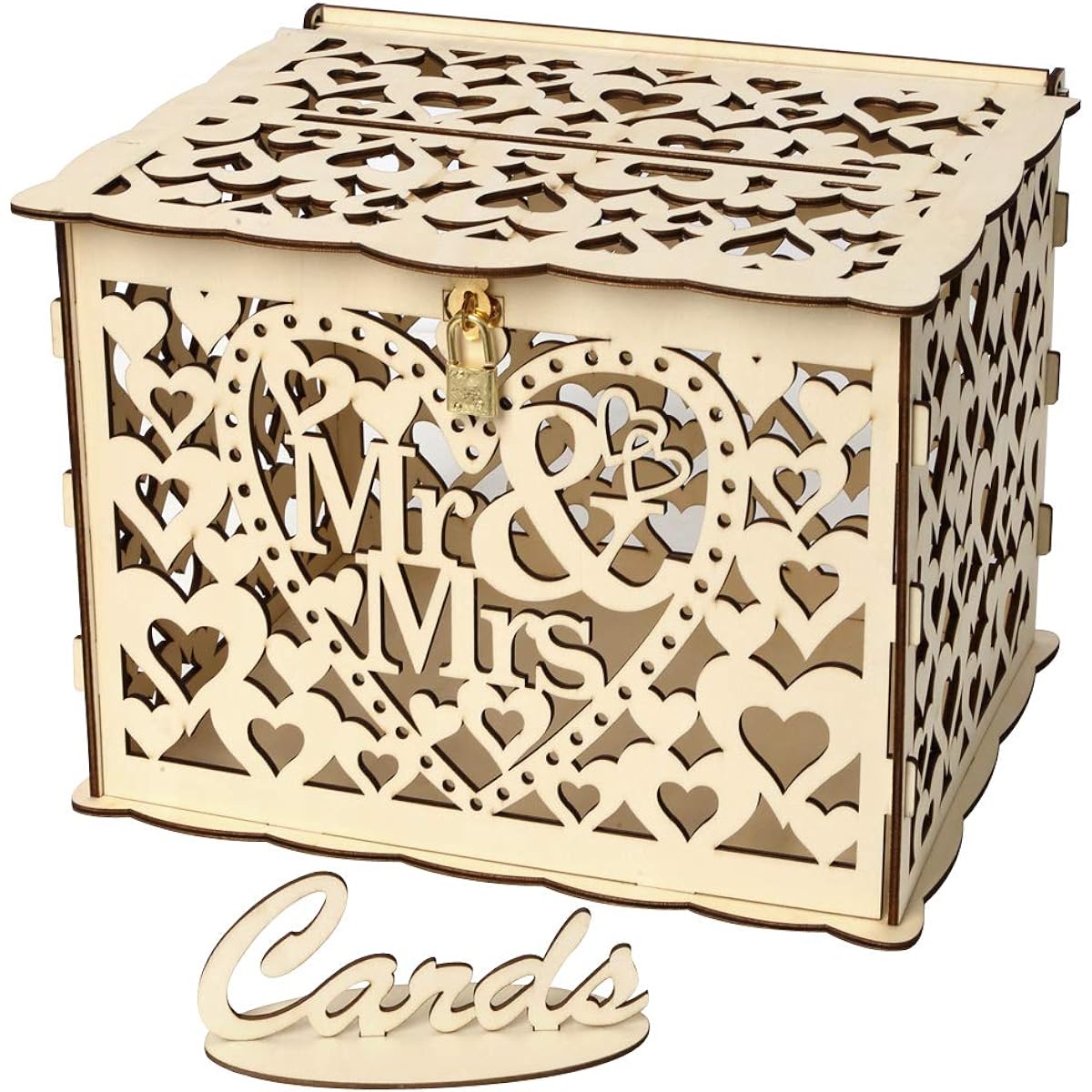 Alnicov Wooden Wedding Card Box Money Box with Lock Slot DIY Wooden Money Box for Wedding Reception Anniversary Birthday Party Graduation Party Decoration (Mr & Mrs-L)