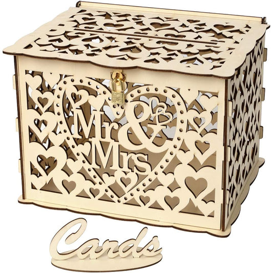 Alnicov Wooden Wedding Card Box Money Box with Lock Slot DIY Wooden Money Box for Wedding Reception Anniversary Birthday Party Graduation Party Decoration (Mr & Mrs-L)