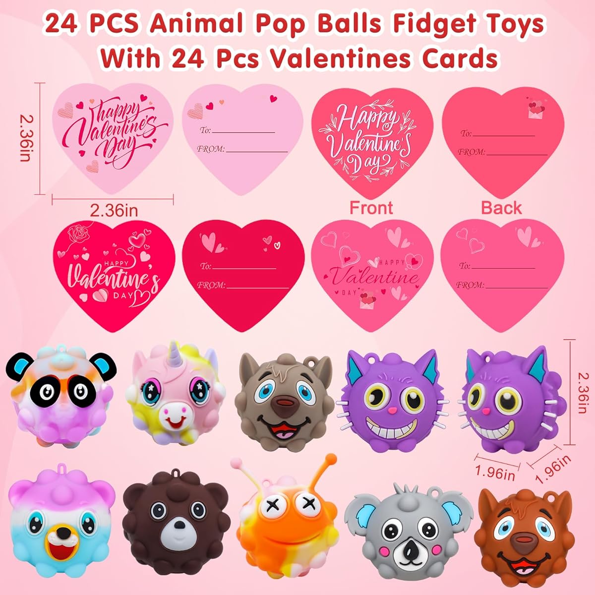 Valentine's Day Gifts for Kids, 3D Animal Pop Ball Fidget Toy with Valentine's Day Card, Valentine Exchange Gifts for Boys Girls School Classroom Party Favors