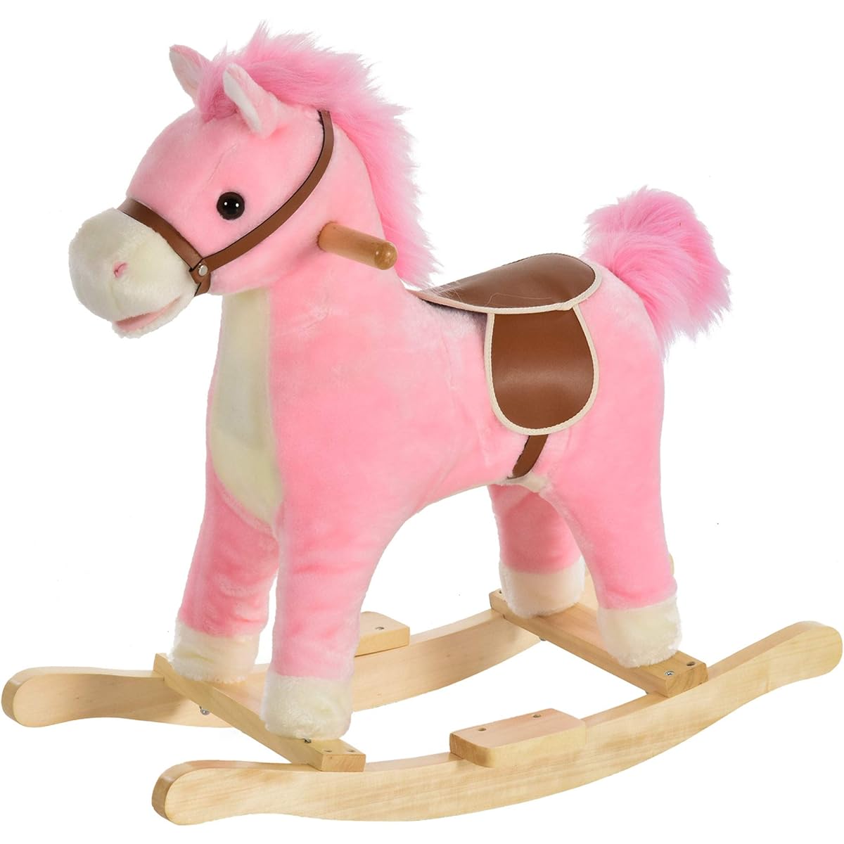 Qaba Plush Rocking Horse with Sounds Wooden Rocker and Wooden Base Baby Rocking Chair for 36-72 Months Pink
