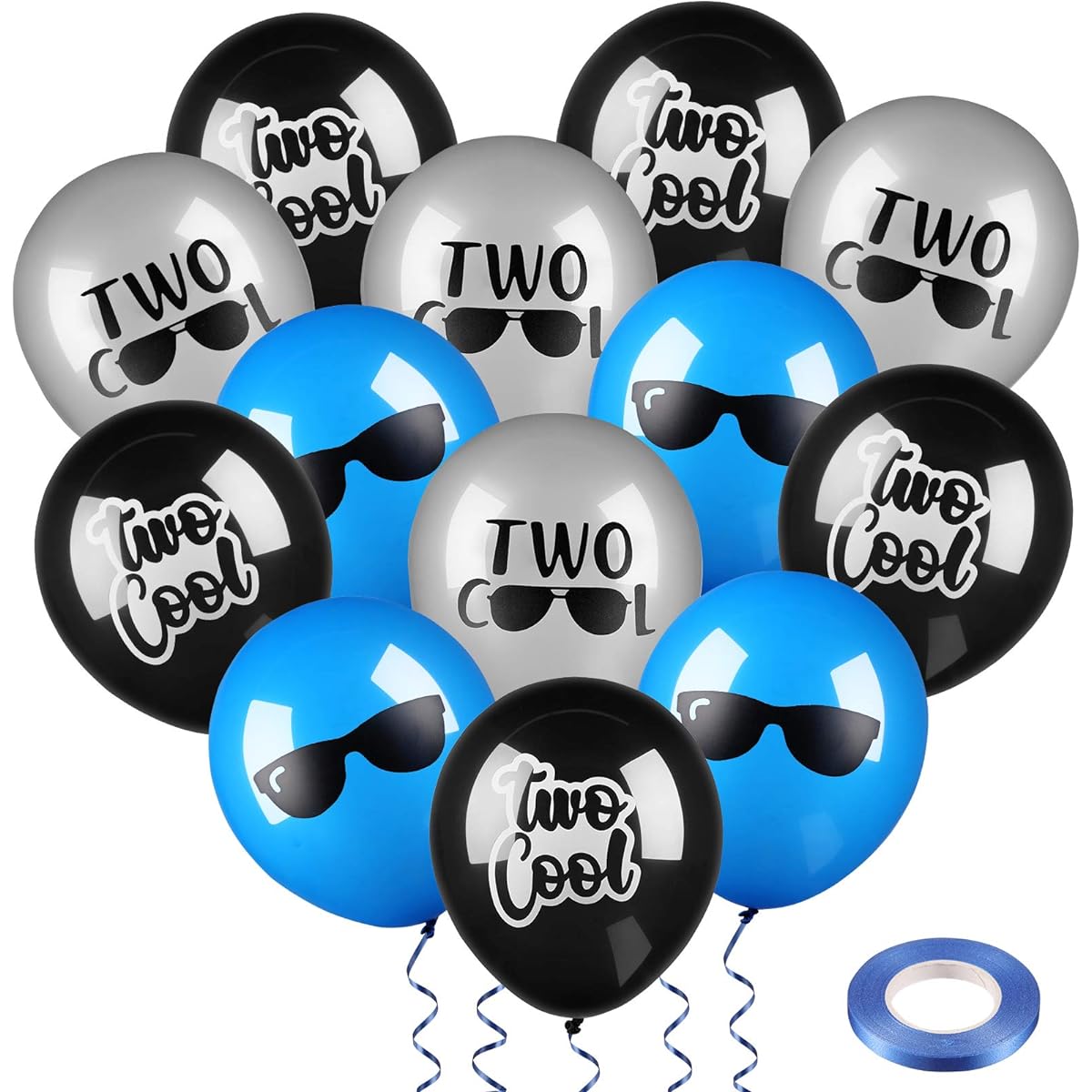 Cool Latex Balloons 2 Cool Party Supplies 2 Cool Sunglasses 2nd Birthday Boys Party Supplies Decorations 30pcs Black Silver Blue Balloons 10m Dark Blue Ribbon