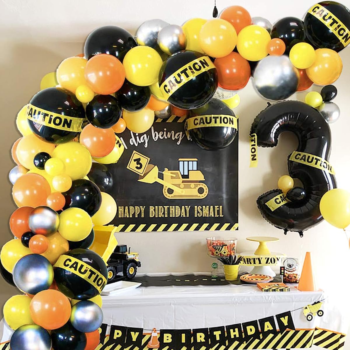 Construction Party Balloon Garland Arch Kit 104pcs Black Orange Silver Yellow Balloons Warning Tape for Boys Construction Quarantine Birthday Party Decorations