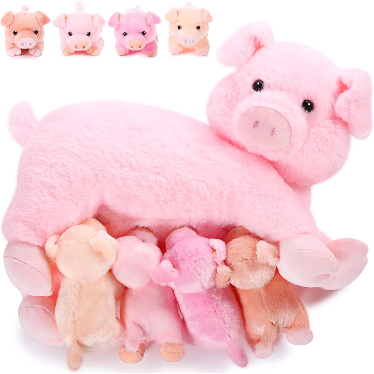 Honoson Nurturing Pig Stuffed Animals, Baby Friendly Soft Cuddly Pig Plush Toy Set for Toddlers, Nursing Mama Pig, Magnetic 4 Little Pigs, for Boys Girls, Farm Birthday Gifts, Party Favors