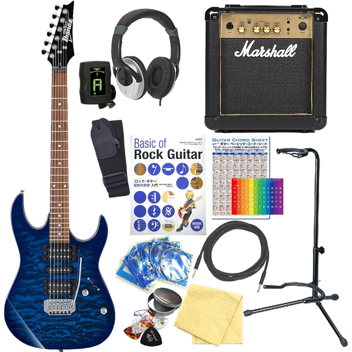 Ibanez GRX70QA TBB Electric Guitar with Marshall Amplifier Beginner Introduction 15 Piece Set
