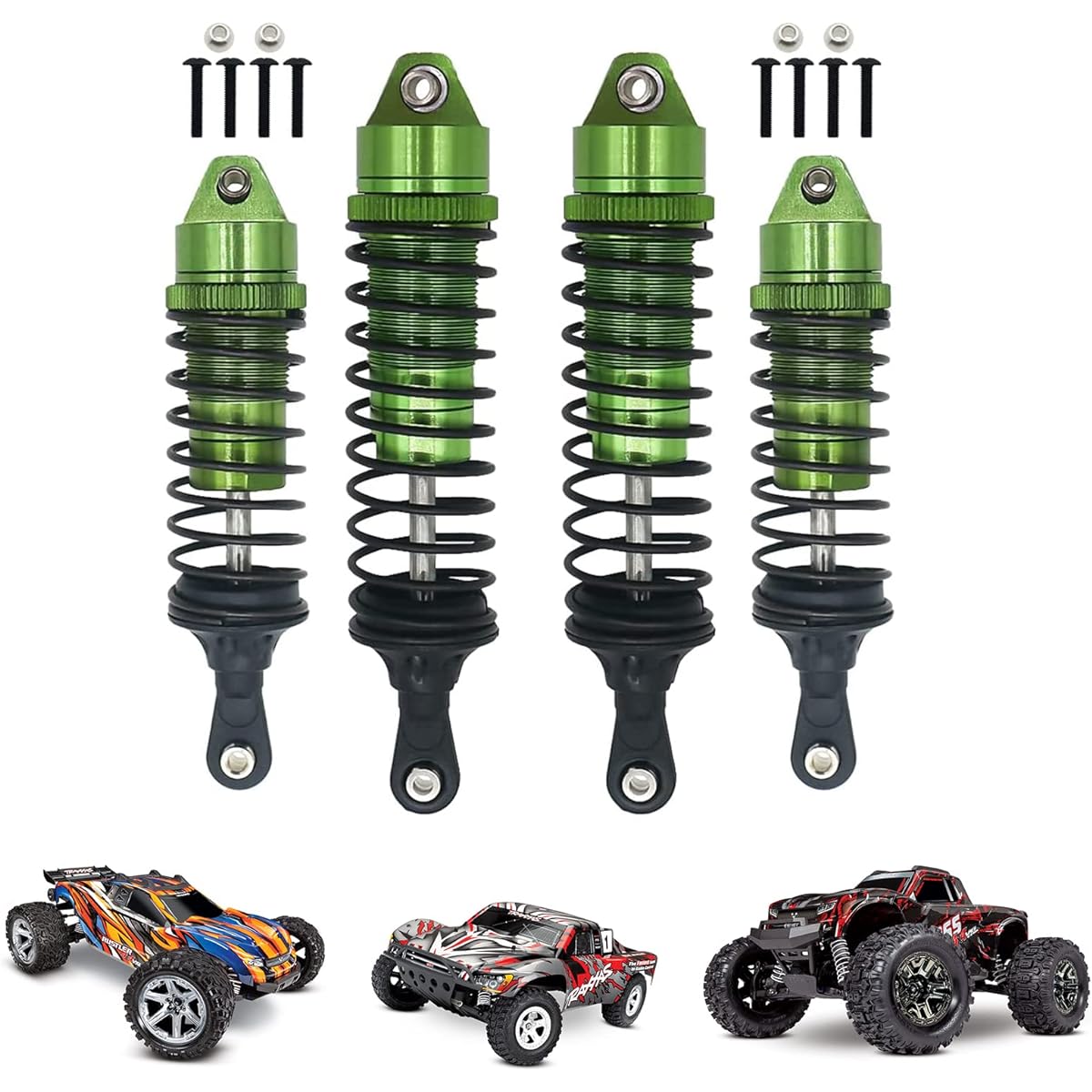 RCAWD RC Shock Absorber for 1/10 Slash Shock Absorber 4pcs Aluminum Assembled Front Rear Shock Absorber Damper 100mm for Stampede/Bandit/Lastora/Nitro Slash 5862 Green
