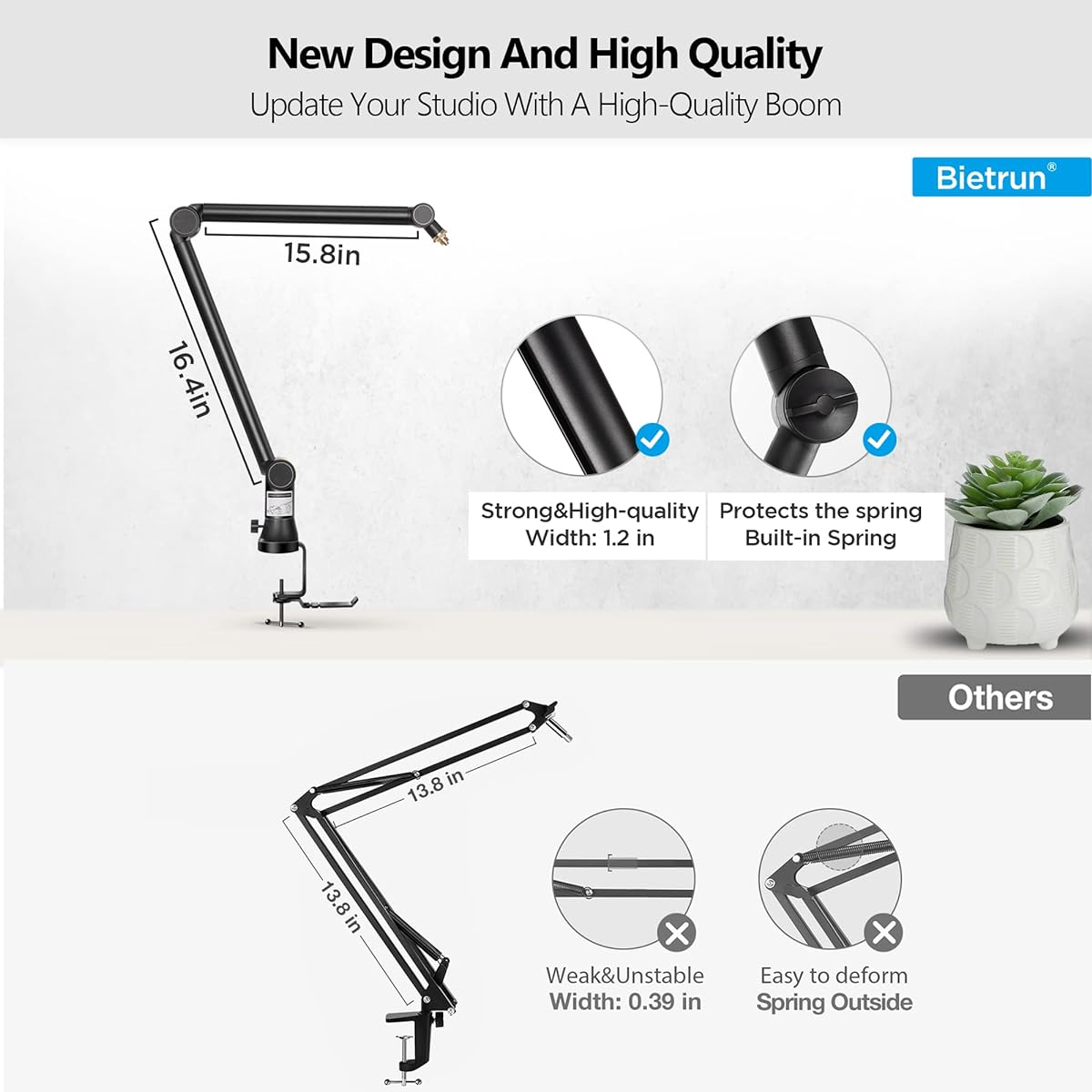 Bietrun Microphone Arm Desk Mount (Longer) for Shure SM7B/MV7/Blue Yeti/Nano/Hyperx Quadcast, Adjustable 360° Rotatable Universal Heavy Duty Metal Mic Arm with 3/8" to 5/8" Adapter, Cable Trough and Headset Hook.