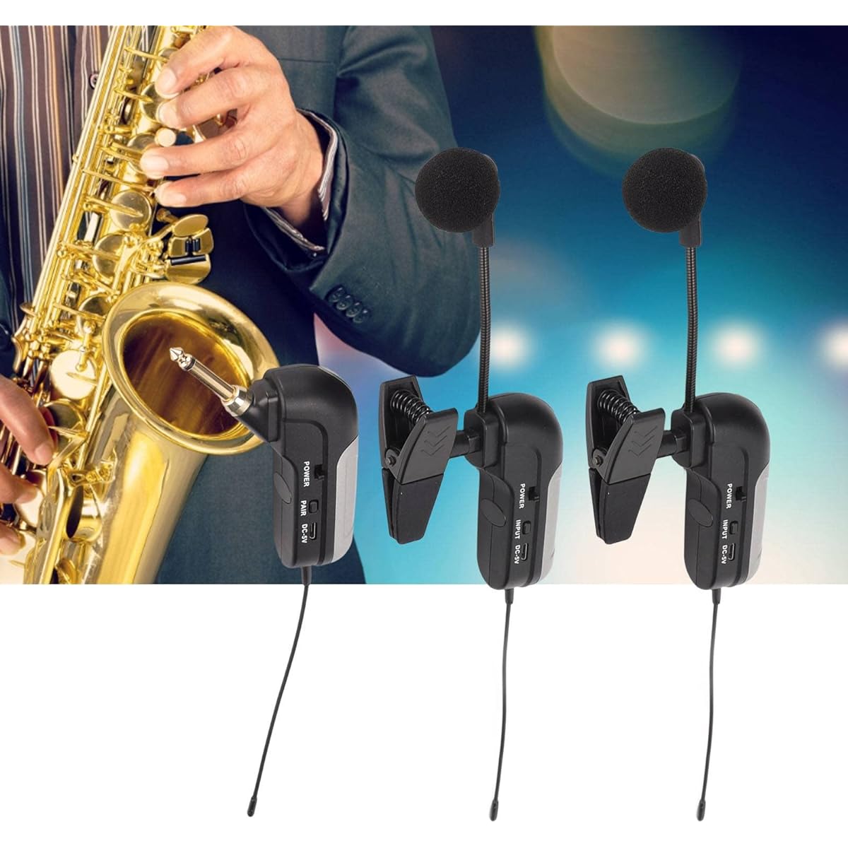UHF Wireless Instrument Microphone, 360° Rotatable Clip Saxophone Microphone, UHF Cardioid Condenser Microphone for Saxophone Trumpet Clarinet Violin