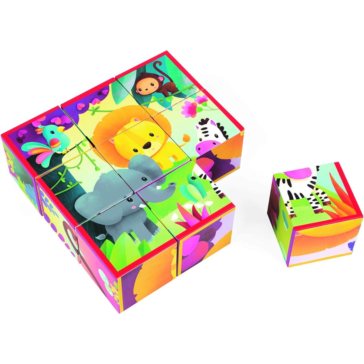 Janod - J02732 - Kubkid - 9 cardboard cubes - Jungle animals