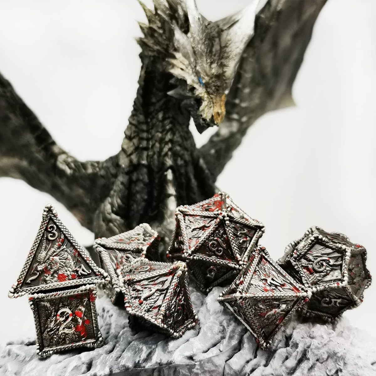 HAOMEJA Metal Dragon Dice Set DND 7 Piece Role Playing Dice D&D Dungeons & Dragons (Blood Silver)