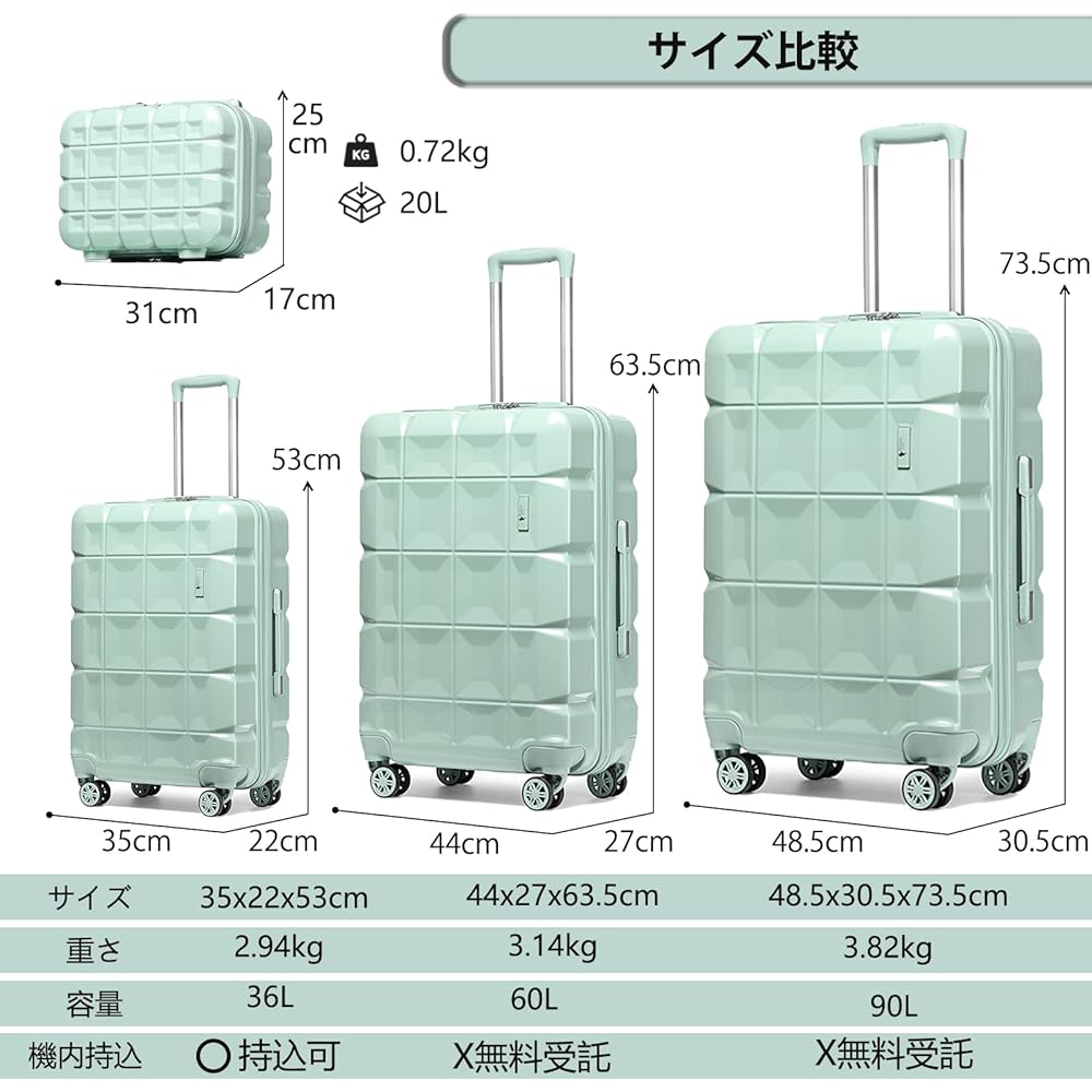 [Sea choice] Suitcase, Carry Case, Carry-on, 360 Degree Rotation, Quiet Double Casters, Equipped with TSA Roke, Carry Bag, Zipper, Ultra Lightweight, Zipper, Shockproof, Popular, Travel, Business, Small, Medium, Large, Mini Case Included (L Size, Line Gr