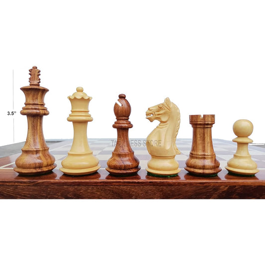 TAJ CHESS STORE Handcrafted Staunton Chess Pieces with 2 Spare Queens 3.5 Fierce Knights Heavy Golden Rosewood Forever Chess Set