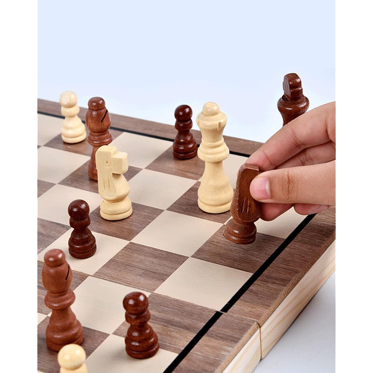 15" Wooden Chess Set | Folding Board with 2 Extra Queens | Magnetic Chess Board Set for Adults & Kids, Piece Storage Slots, Checkers Game for Kids, Portable Travel Chess Game for Beginners