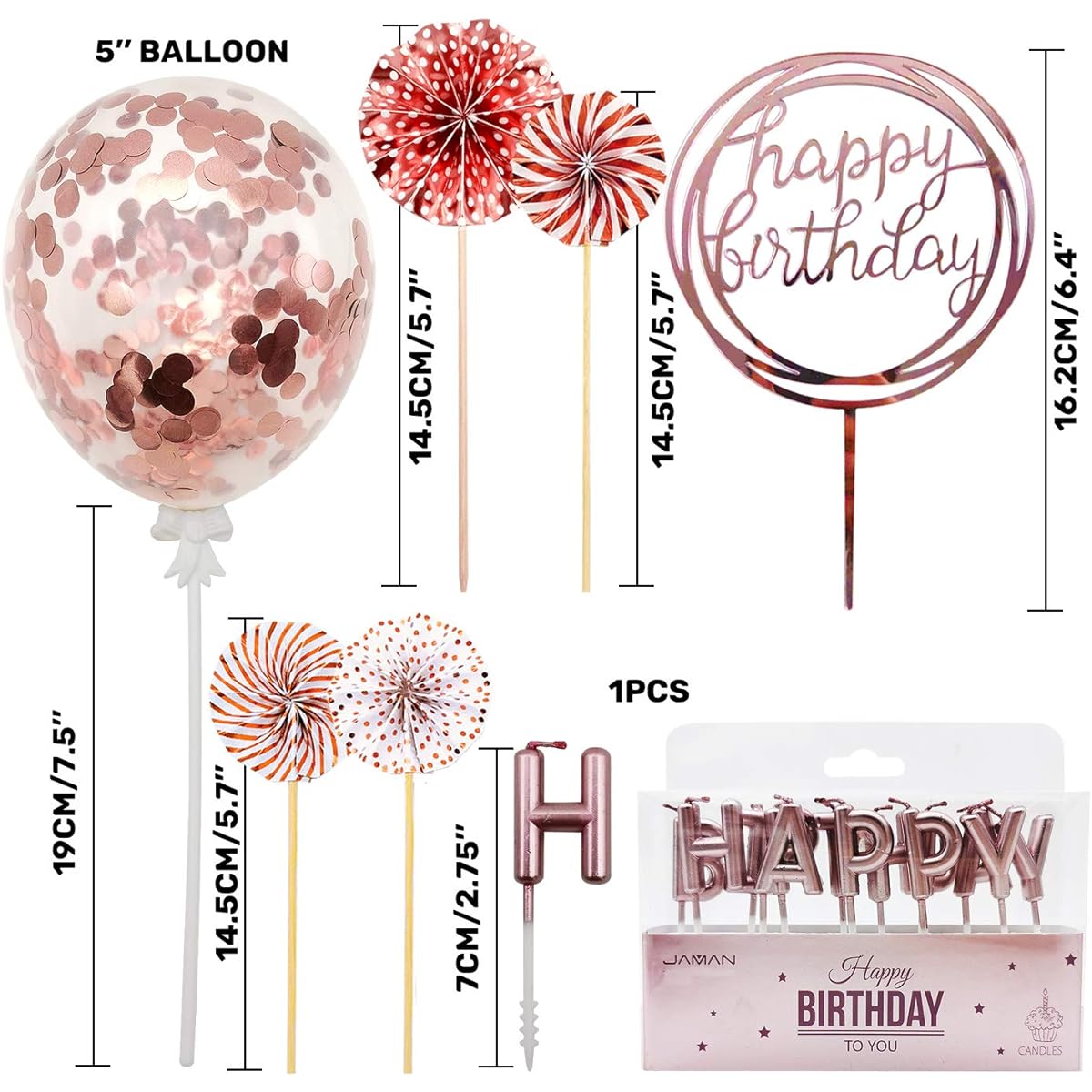 MOVINPE Rose Gold Cake Topper Decorations Happy Birthday Candles Happy Birthday Banner Confetti Balloons Paper Fans Rose Gold Theme Party Decorations for Girls Women Birthday Party