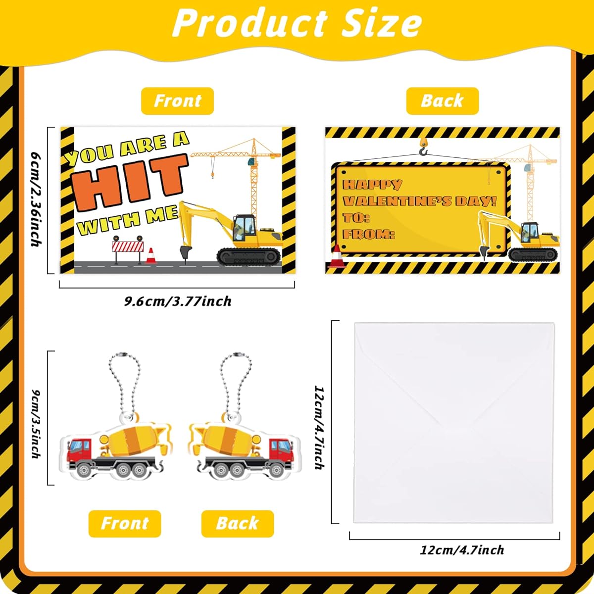 36 Valentine's Day Gift Card Construction Vehicle Keychain with Toy & Envelope Valentine's Party Favors Exchange Gift Pendant Present Greeting Card Kids Teacher Prize Student Activity Classroom Construction Truck Excavator
