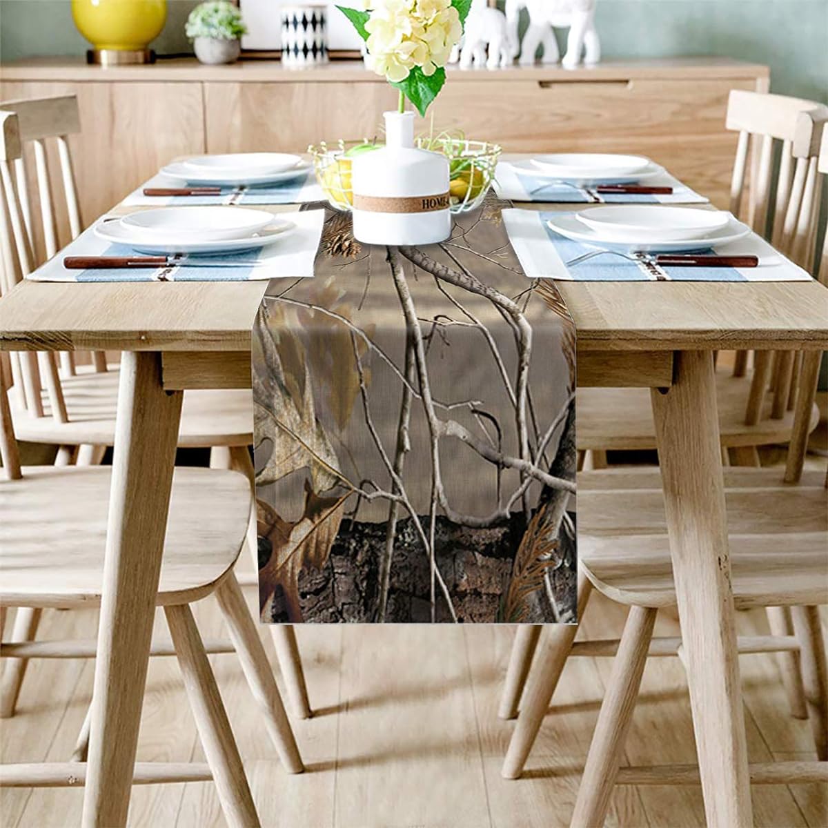 Cotton Linen Table Runner Dresser Scarf Authentic Camo Wood Non-Slip Burlap Rectangular Tablecloth for Holiday Dinner Parties Wedding Home Decor - 13"x70"